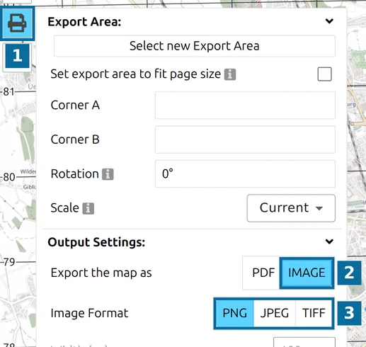 map.army export panel with Export the map as IMAGE and Image Format PNG, JPEG or TIFF