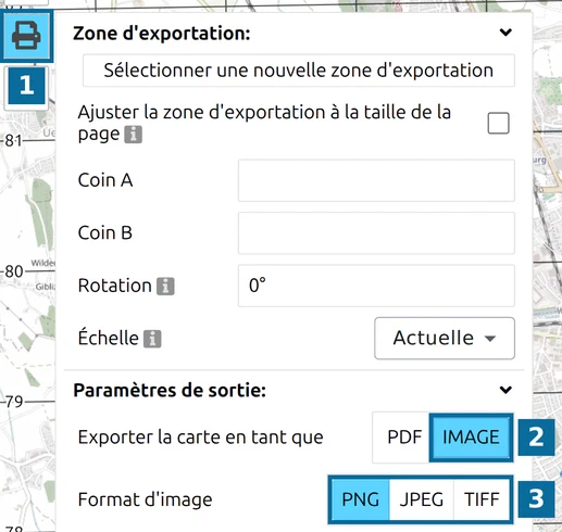 Panneau d'exportation de map.army avec 'Exporter la carte en tant que' réglé sur IMAGE et 'Format d'image' PNG, JPEG ou TIFF