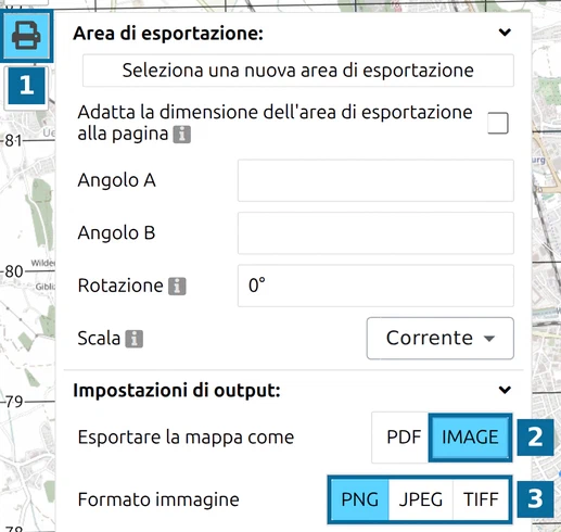 Pannello di esportazione di map.army con Esportare la mappa come IMAGE e Formato immagine PNG, JPEG o TIFF