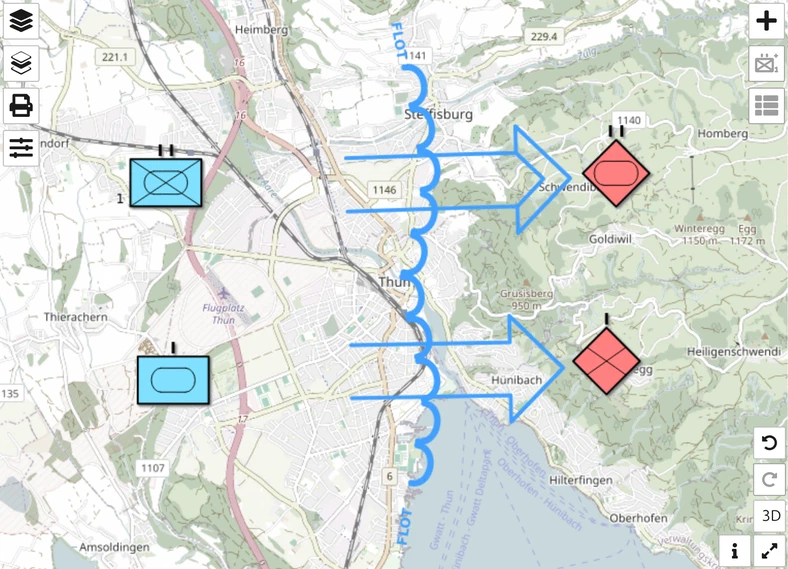 Finished war map on map.army: friendly units in blue, hostile units in red, a front line and two attack arrows