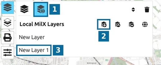 map.army Layer-Manager with the 'New MilX Layer' button and the new layer 'New Layer 1'