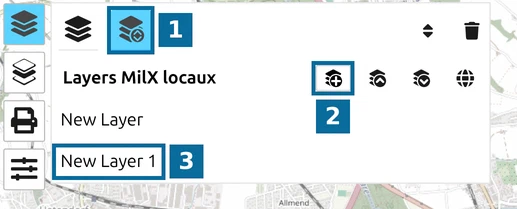Gestionnaire des layers de map.army avec le bouton 'Nouveau layer MilX' et le nouveau layer 'New Layer 1'