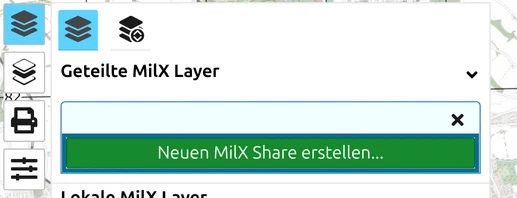 map.army-Feld 'Geteilte MilX Layer' mit der Schaltfläche 'Neuen MilX Share erstellen...'