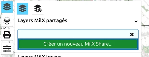 Zone 'Layers MilX partagés' de map.army avec le bouton 'Créer un nouveau MilX Share...'