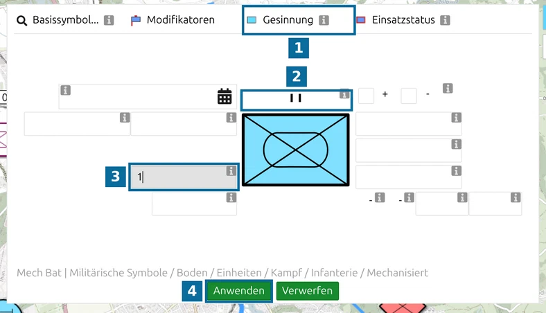 MSS-Symbol-Editor in map.army: mechanisiertes Infanteriebataillon mit Gesinnung, Hierarchiezeichen, Bezeichnung 1