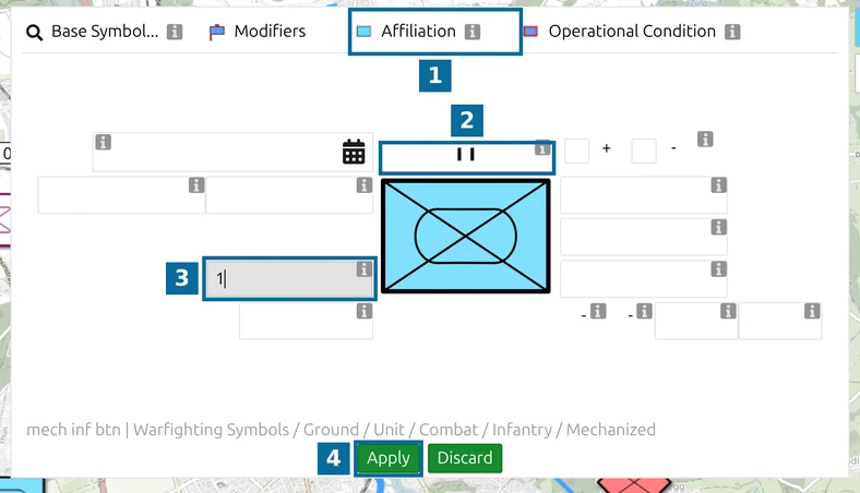 map.army Symbol Editor of a mechanized infantry battalion with Affiliation tab, echelon, designation 1 and Apply