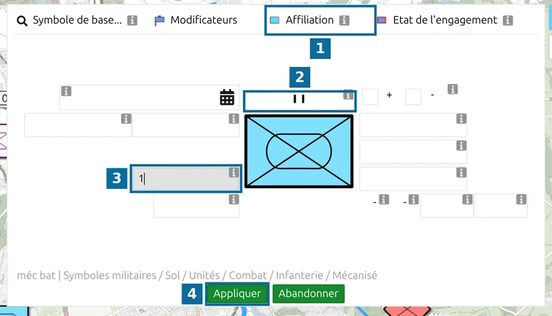 MSS Symbol Editor de map.army : bataillon d'infanterie mécanisée, Affiliation, signe hiérarchique, désignation 1