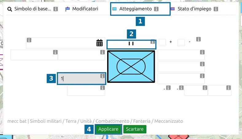 MSS Symbol Editor di map.army: battaglione di fanteria meccanizzata, Identità, segno gerarchico, designazione 1