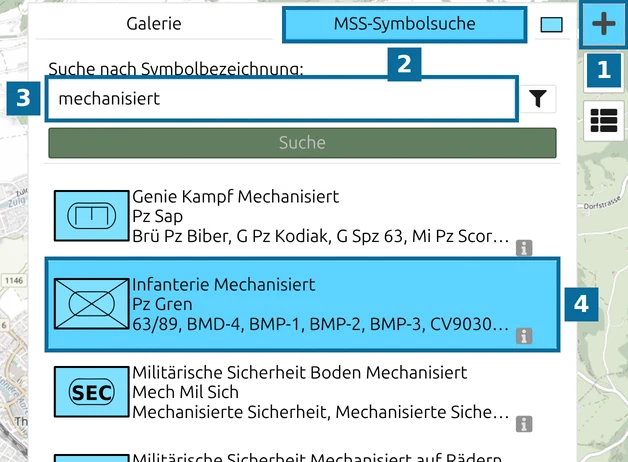 map.army MSS-Symbolsuche mit dem Suchbegriff 'mechanisiert' und dem ausgewählten Treffer 'Infanterie Mechanisiert'
