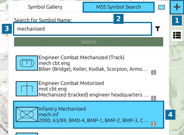 map.army MSS Symbol Search with 'mechanized' typed in and the result 'Infantry Mechanized' selected