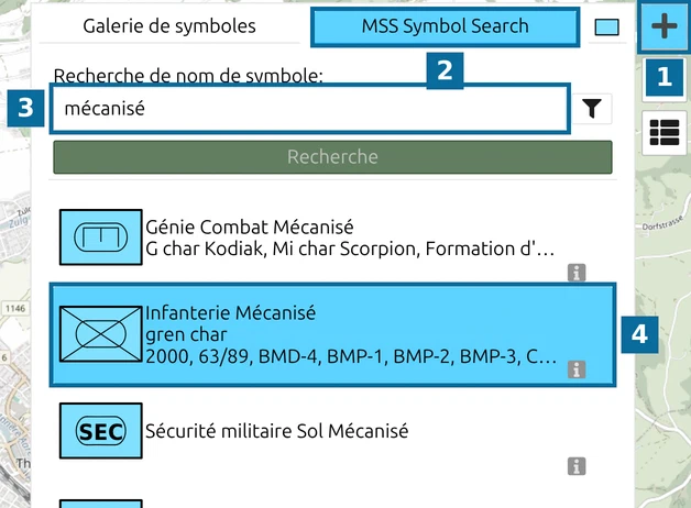 MSS Symbol Search de map.army avec 'mécanisé' saisi et le résultat 'Infanterie Mécanisé' sélectionné