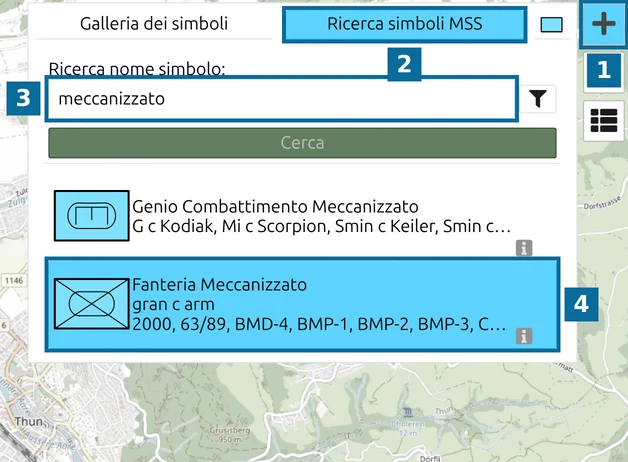 Ricerca simboli MSS di map.army con 'meccanizzato' digitato e il risultato 'Fanteria Meccanizzato' selezionato