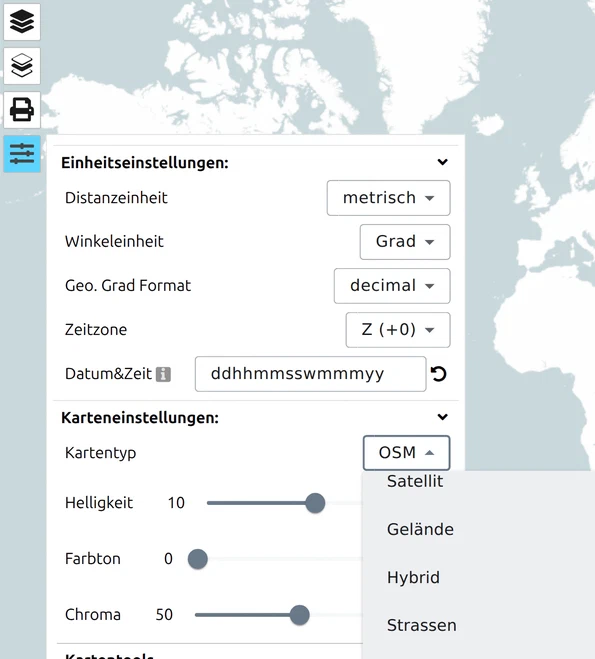 Aufgeklapptes Kartentyp-Dropdown von map.army mit Satellit, Gelände, Hybrid, Strassen, Roadmap und OSM